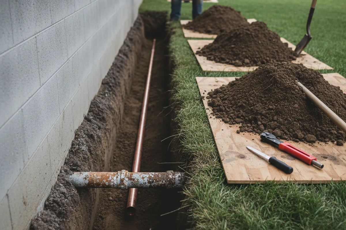 Excavated water line trench during Water Heater Repair in Lithonia
